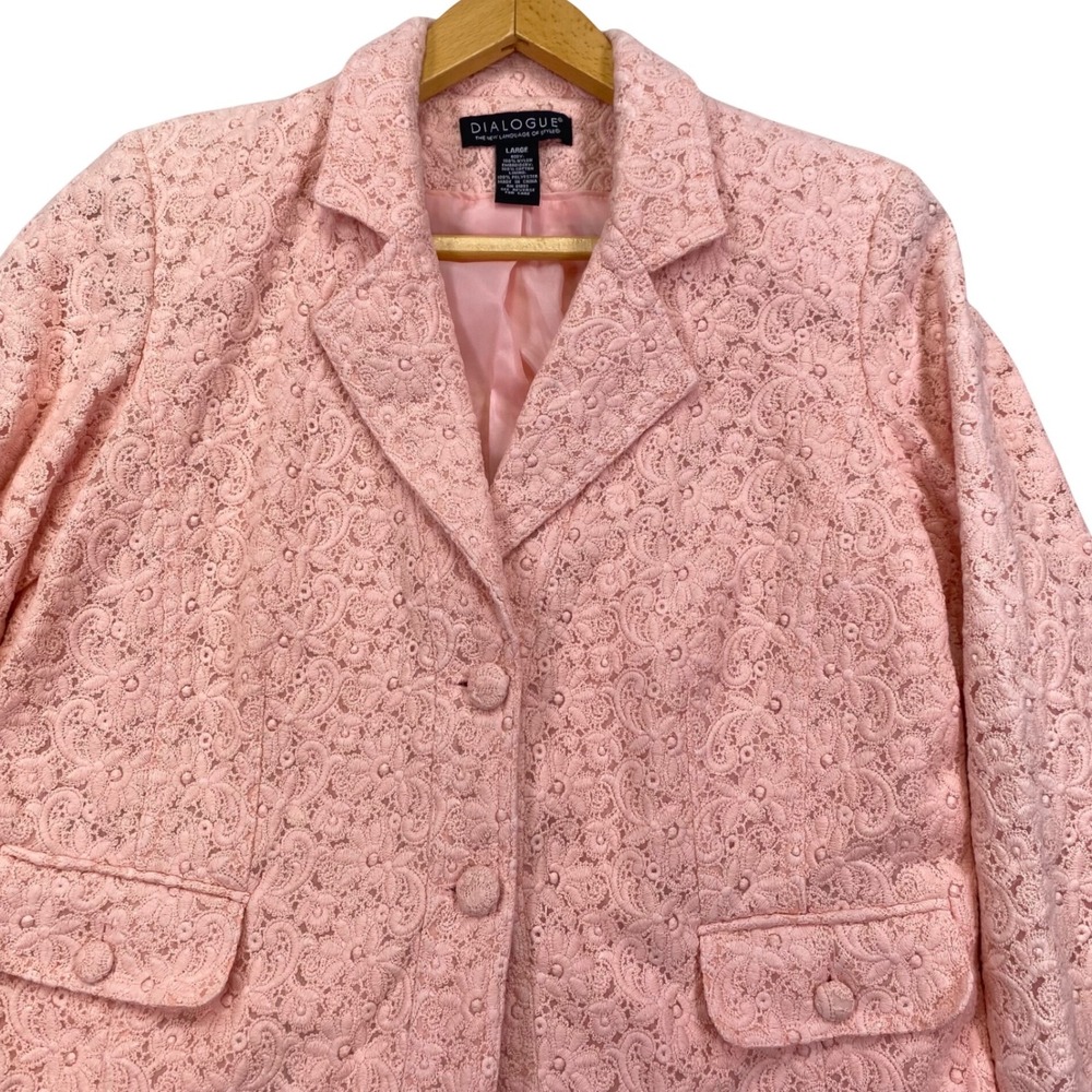 Dialogue Blazer Women Large Pink Floral Lace Embroidered Button Front Jacket